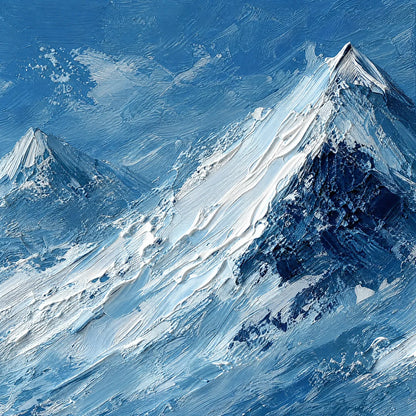 Alpine Echo hand-painted ocean blue and ivory textured mountain landscape painting shown with gold frame