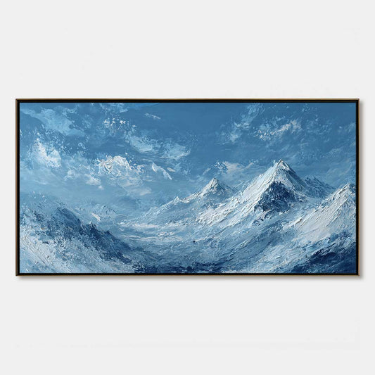 Alpine Echo hand-painted ocean blue and ivory textured mountain landscape painting rolled canvas option