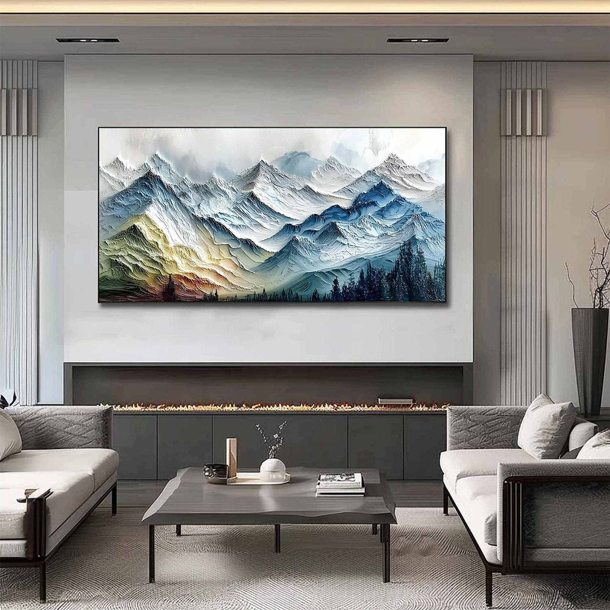 Alpine Glow hand-painted slate blue, ivory and soft grey textured mountain landscape painting shown with silver frame