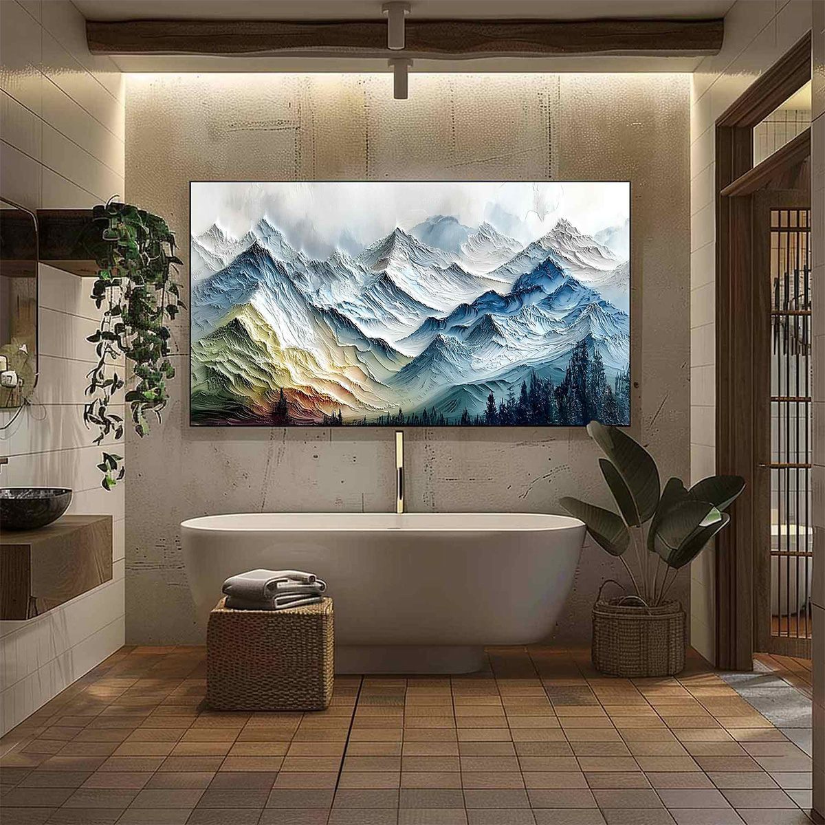Alpine Glow hand-painted slate blue, ivory and soft grey textured mountain landscape painting shown with black frame