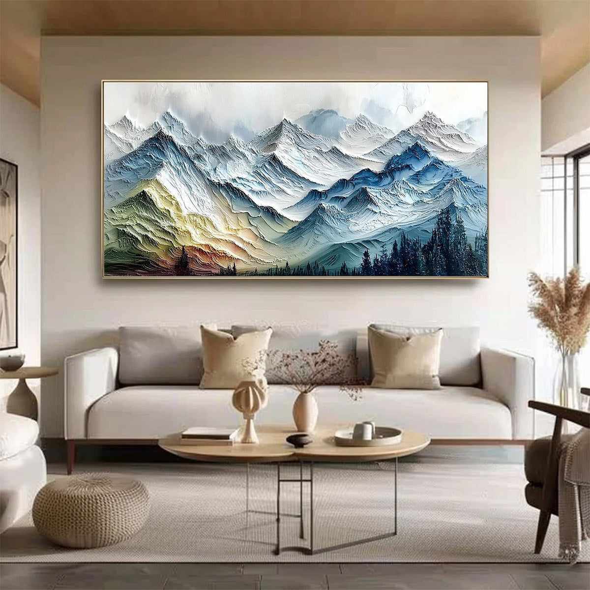 Alpine Glow hand-painted slate blue, ivory and soft grey textured mountain landscape painting shown as stretched canvas