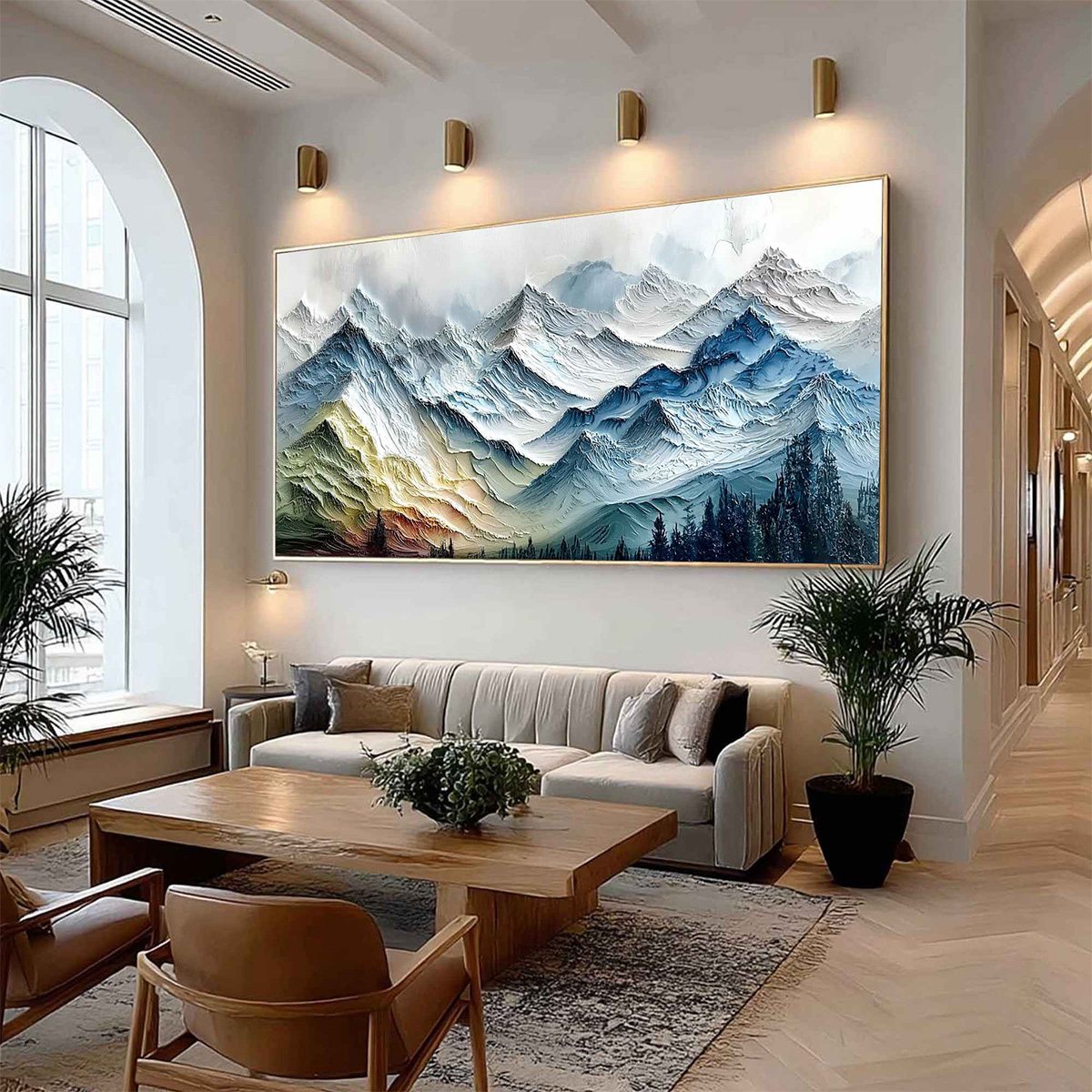 Alpine Glow hand-painted slate blue, ivory and soft grey textured mountain landscape painting shown with wood frame
