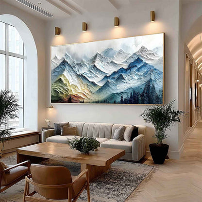Alpine Glow hand-painted slate blue, ivory and soft grey textured mountain landscape painting shown with wood frame
