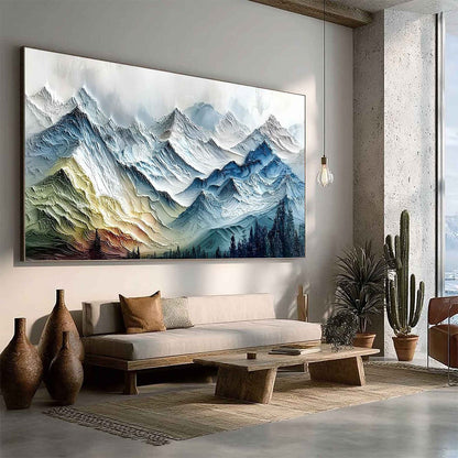 Alpine Glow hand-painted slate blue, ivory and soft grey textured mountain landscape painting rolled canvas option