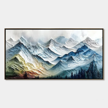 Alpine Glow hand-painted slate blue, ivory and soft grey textured mountain landscape painting rolled canvas option