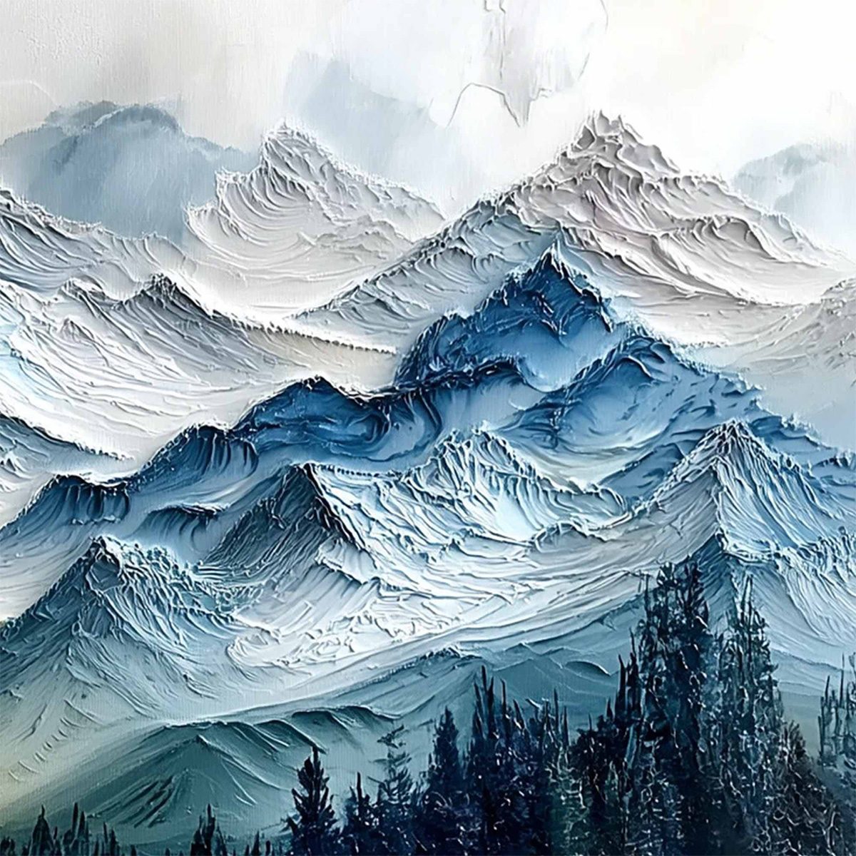 Alpine Glow hand-painted slate blue, ivory and soft grey textured mountain landscape painting shown with white frame