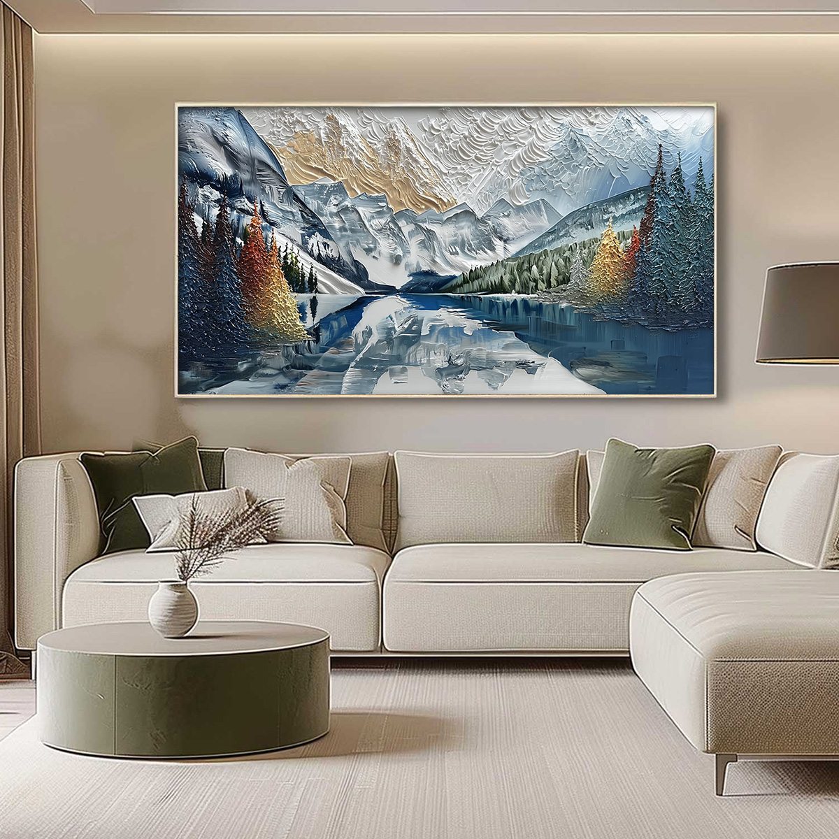 Alpine Glow hand-painted gold and ivory textured mountain lake painting shown with silver frame