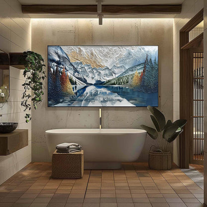 Alpine Glow hand-painted gold and ivory textured mountain lake painting shown with black frame