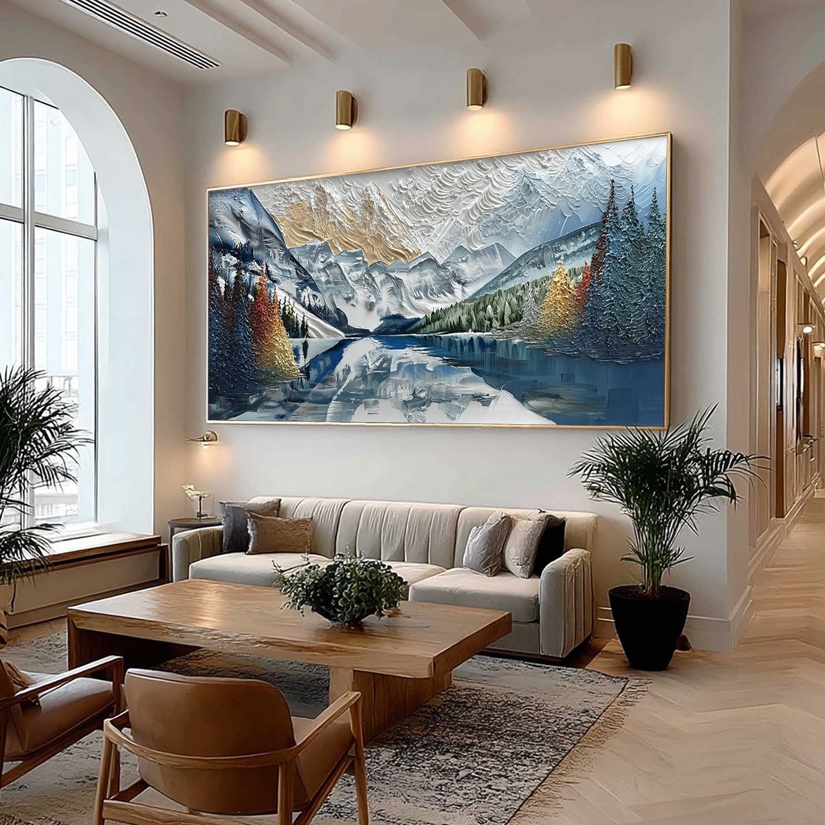 Alpine Glow hand-painted gold and ivory textured mountain lake painting shown with wood frame