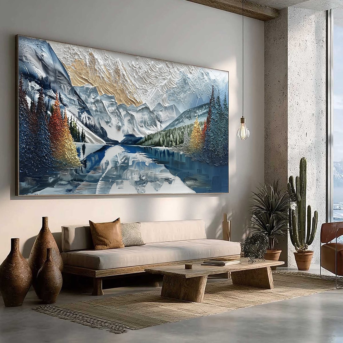 Alpine Glow hand-painted gold and ivory textured mountain lake painting rolled canvas option