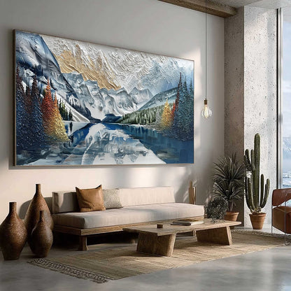 Alpine Glow hand-painted gold and ivory textured mountain lake painting rolled canvas option