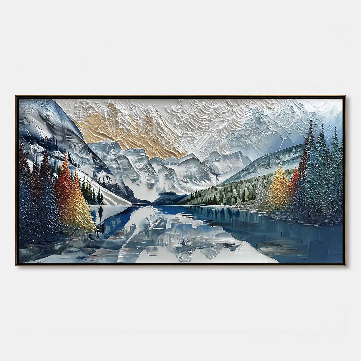Alpine Glow hand-painted gold and ivory textured mountain lake painting rolled canvas option