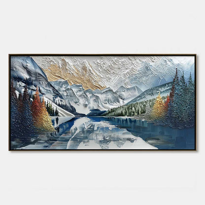 Alpine Glow hand-painted gold and ivory textured mountain lake painting rolled canvas option