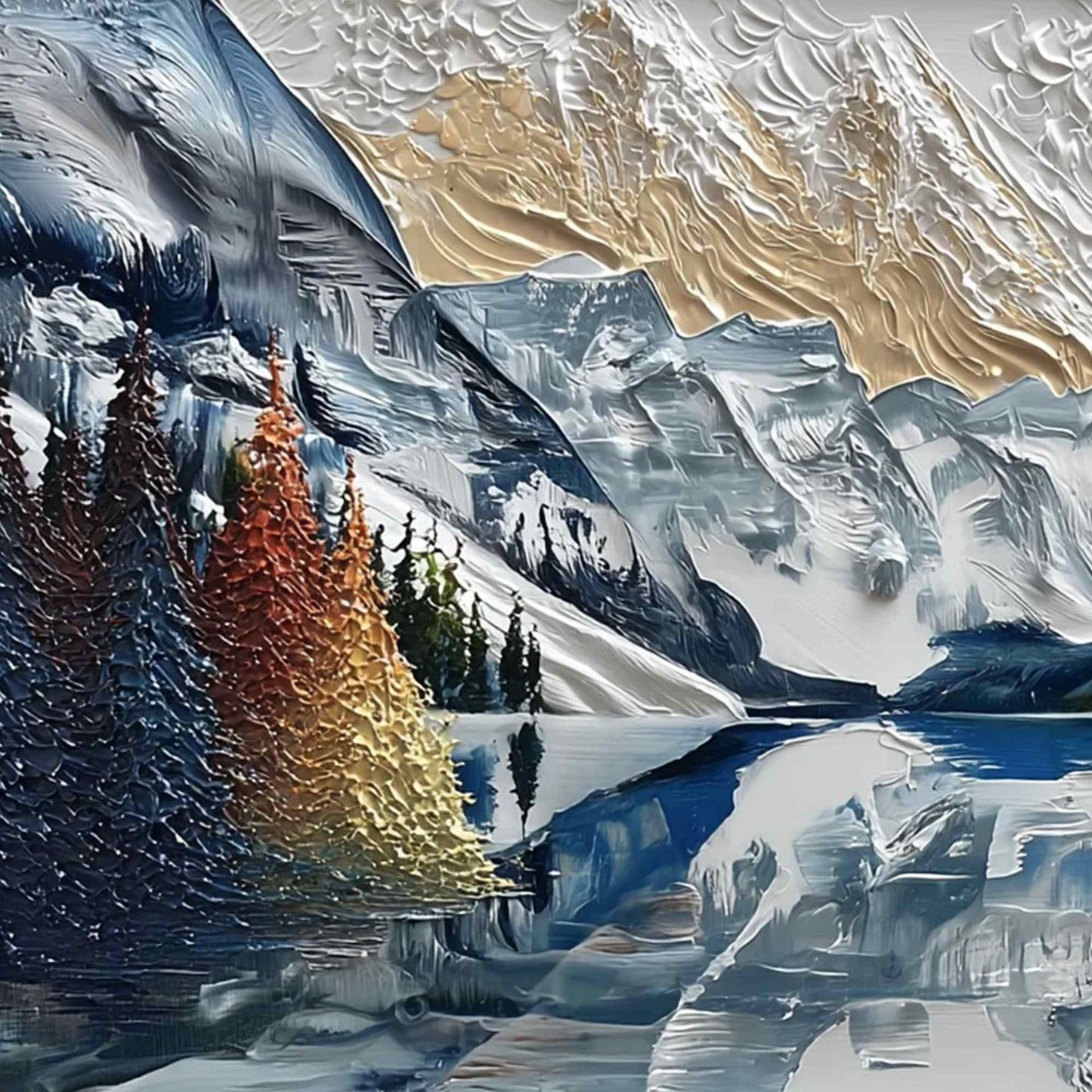 Alpine Glow hand-painted gold and ivory textured mountain lake painting shown with gold frame