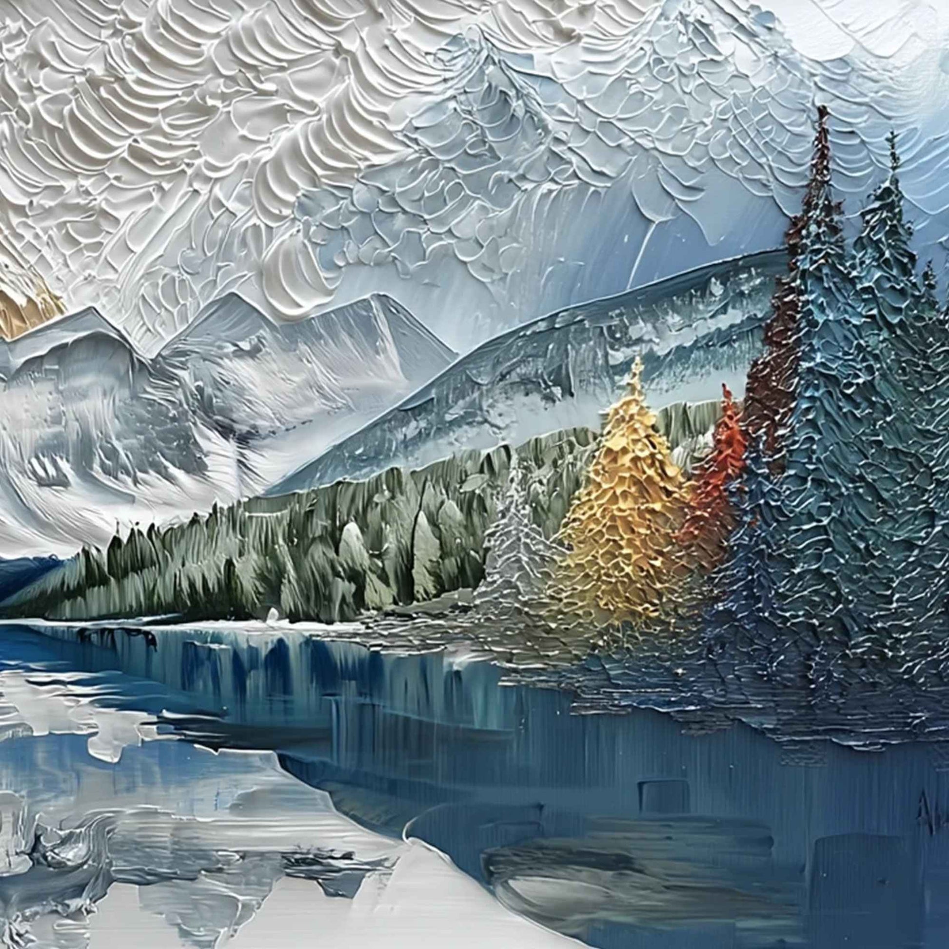Alpine Glow hand-painted gold and ivory textured mountain lake painting shown with white frame