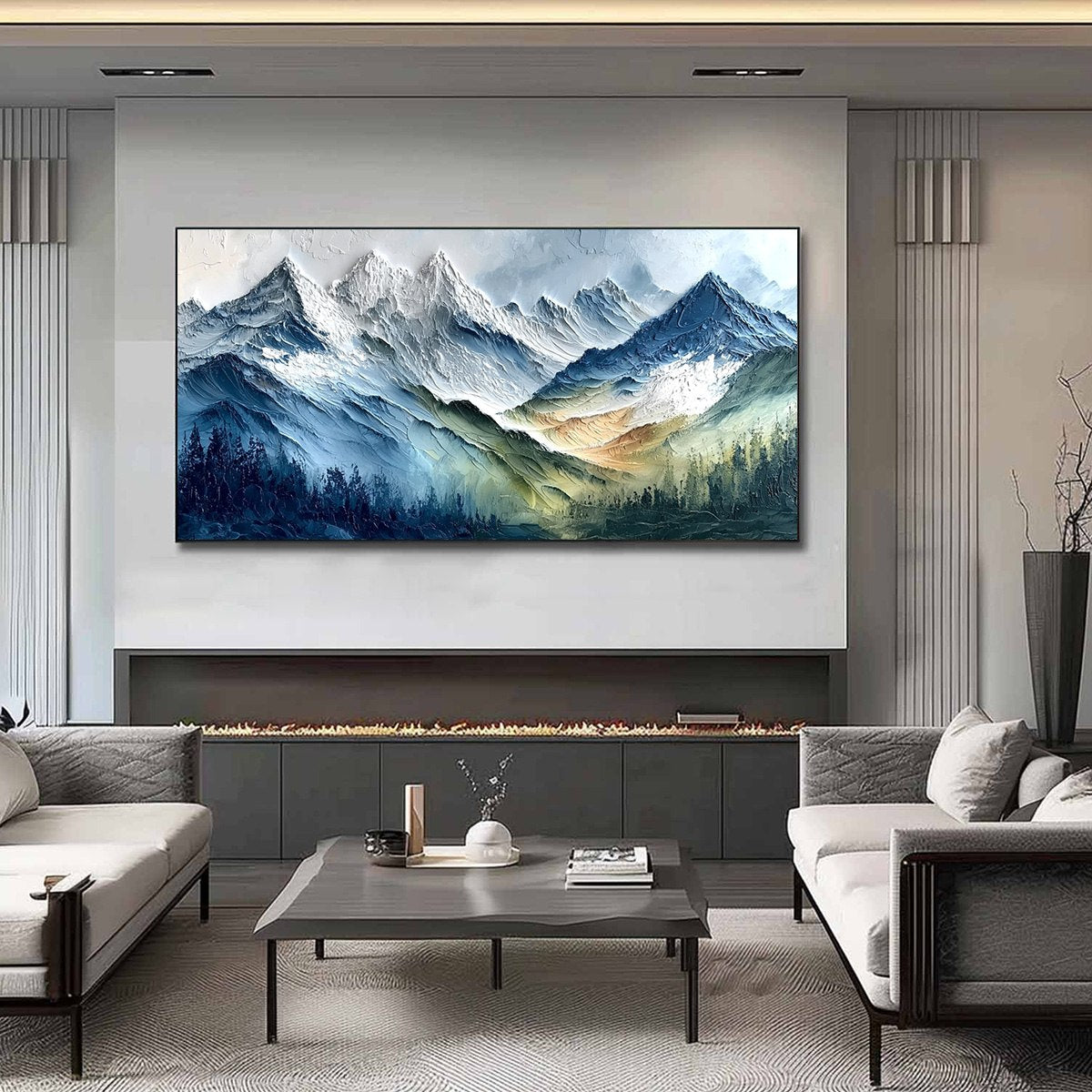 Alpine Majesty hand-painted white, soft grey and slate blue textured mountain landscape painting shown as stretched canvas
