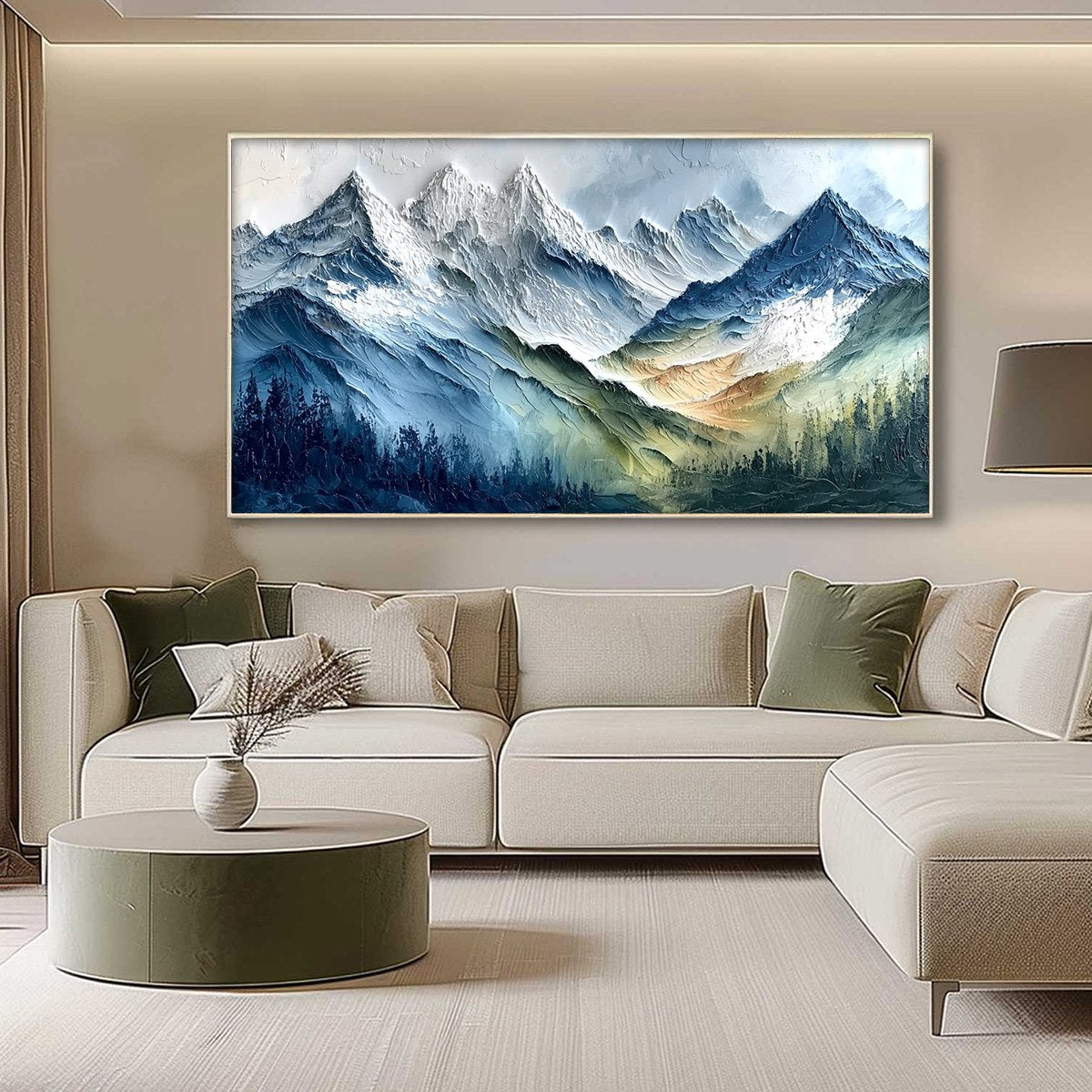 Alpine Majesty hand-painted white, soft grey and slate blue textured mountain landscape painting shown with silver frame