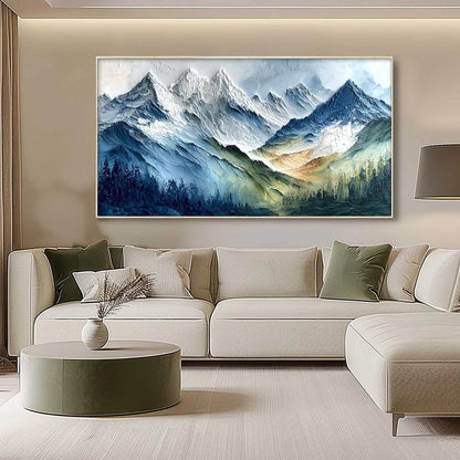 Alpine Majesty hand-painted white, soft grey and slate blue textured mountain landscape painting shown with silver frame