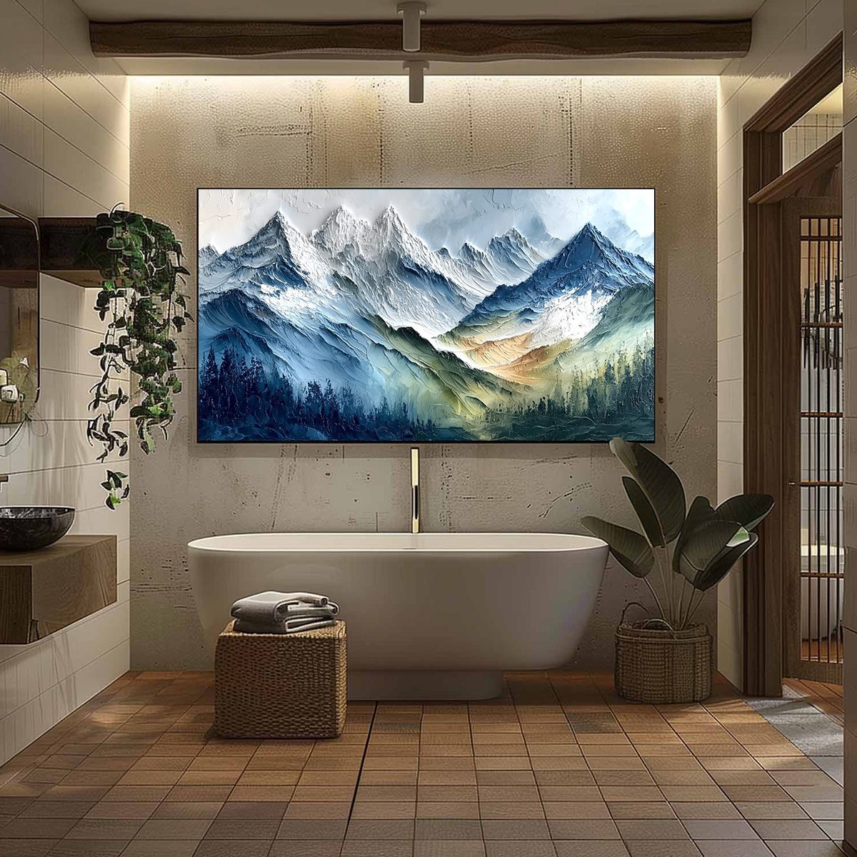 Alpine Majesty hand-painted white, soft grey and slate blue textured mountain landscape painting shown with black frame