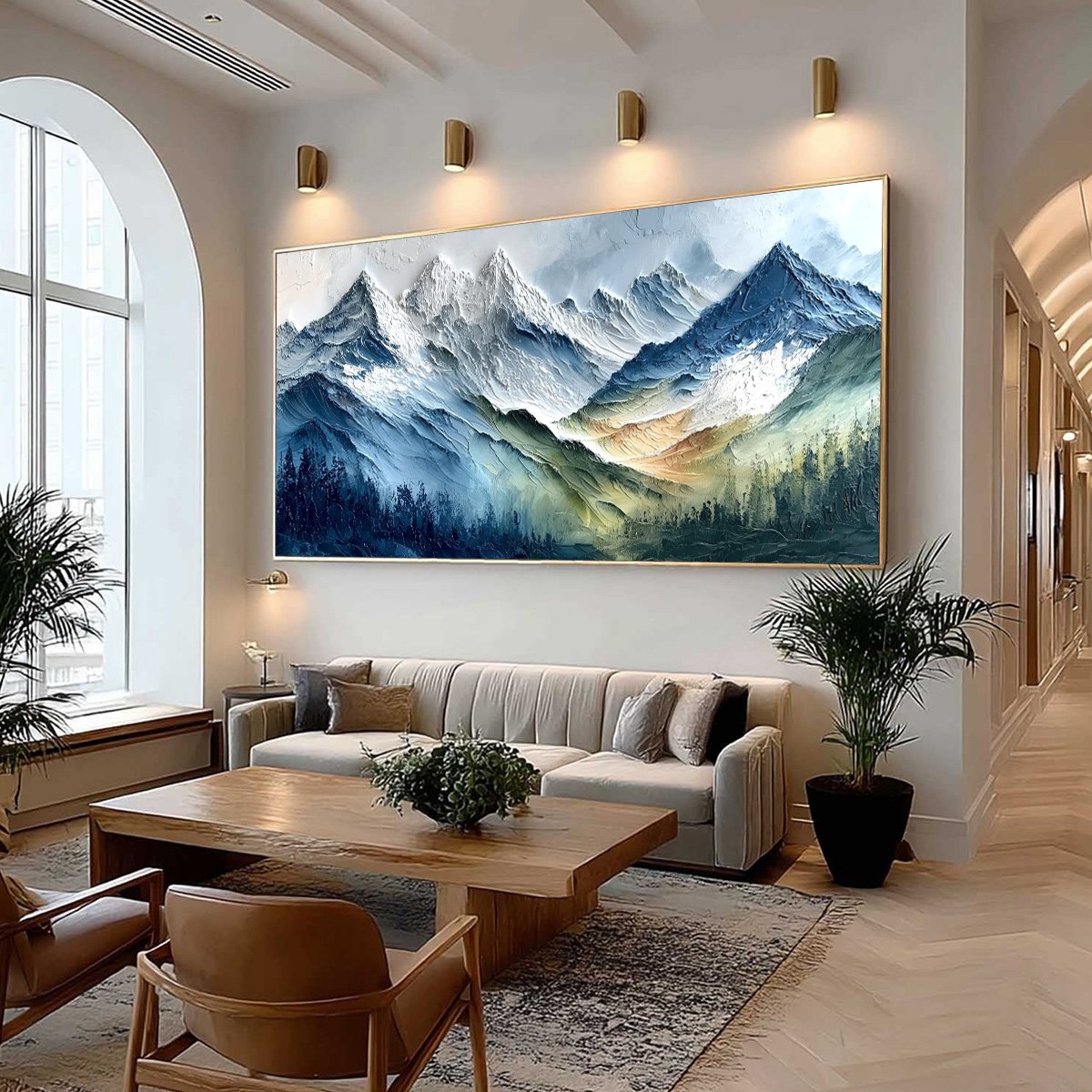 Alpine Majesty hand-painted white, soft grey and slate blue textured mountain landscape painting shown with wood frame