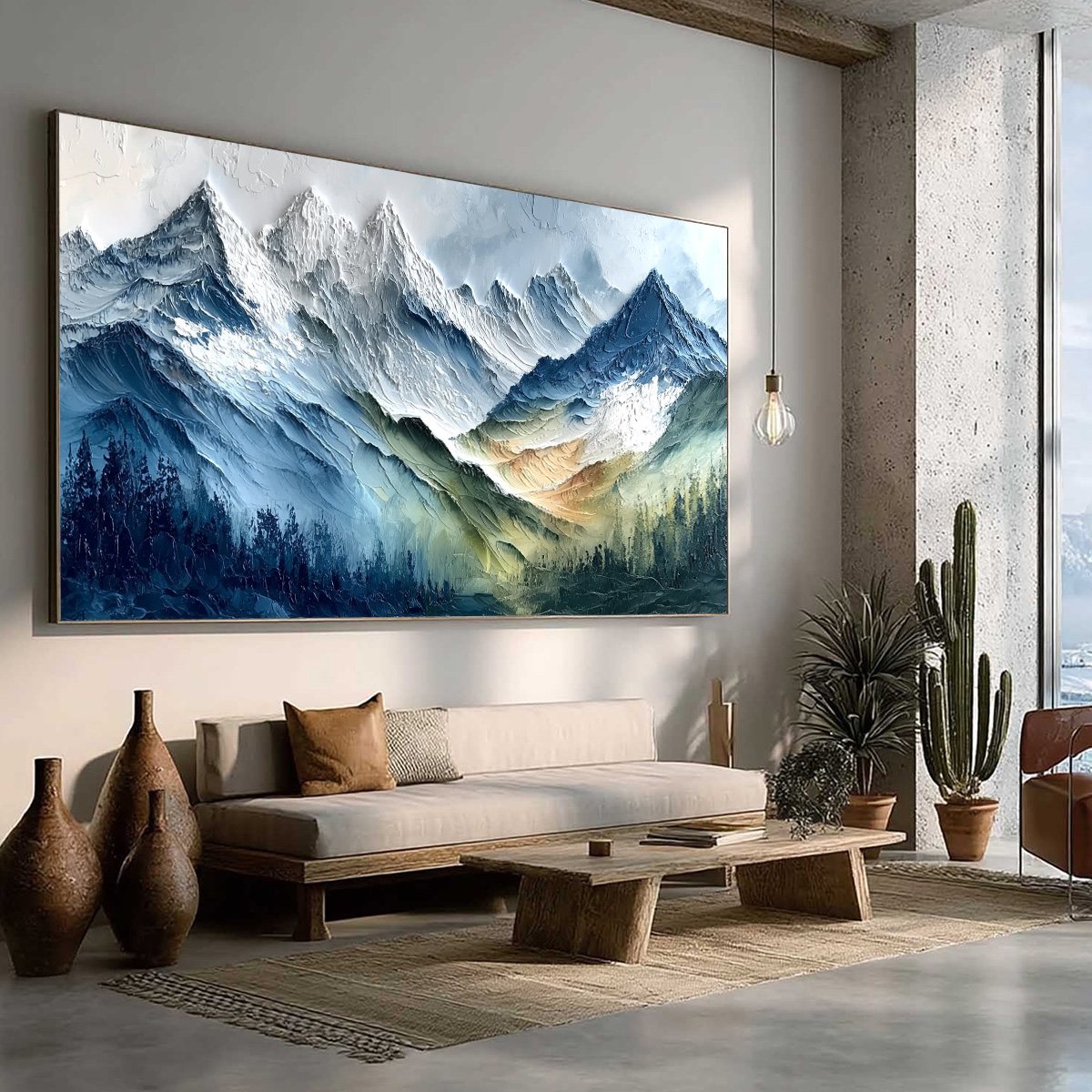 Alpine Majesty hand-painted white, soft grey and slate blue textured mountain landscape painting rolled canvas option