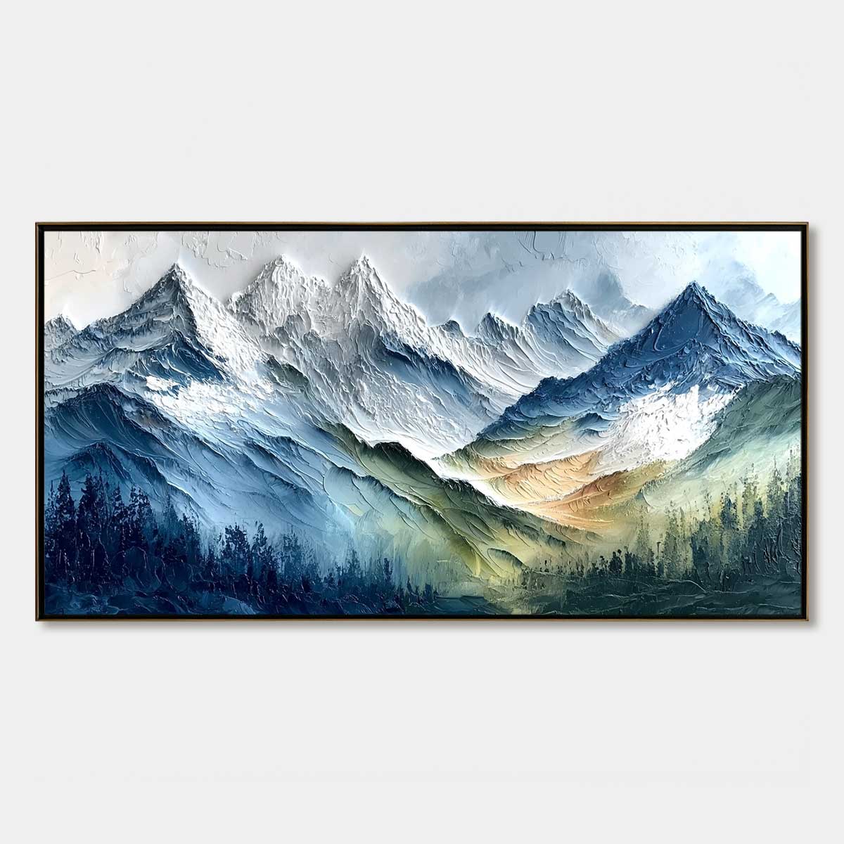 Alpine Majesty hand-painted white, soft grey and slate blue textured mountain landscape painting rolled canvas option
