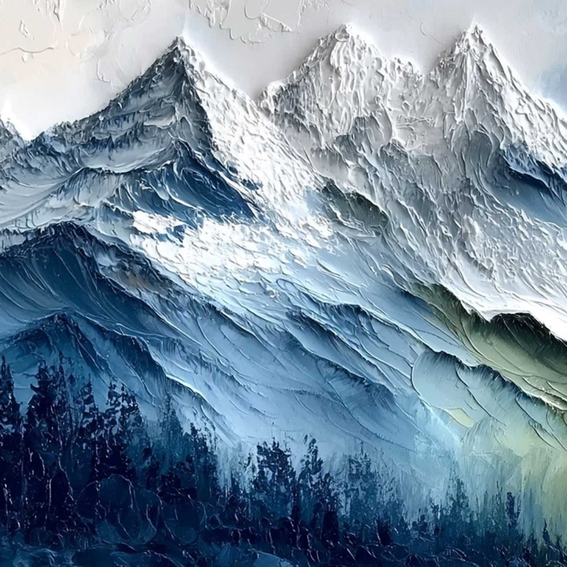 Alpine Majesty hand-painted white, soft grey and slate blue textured mountain landscape painting shown with gold frame