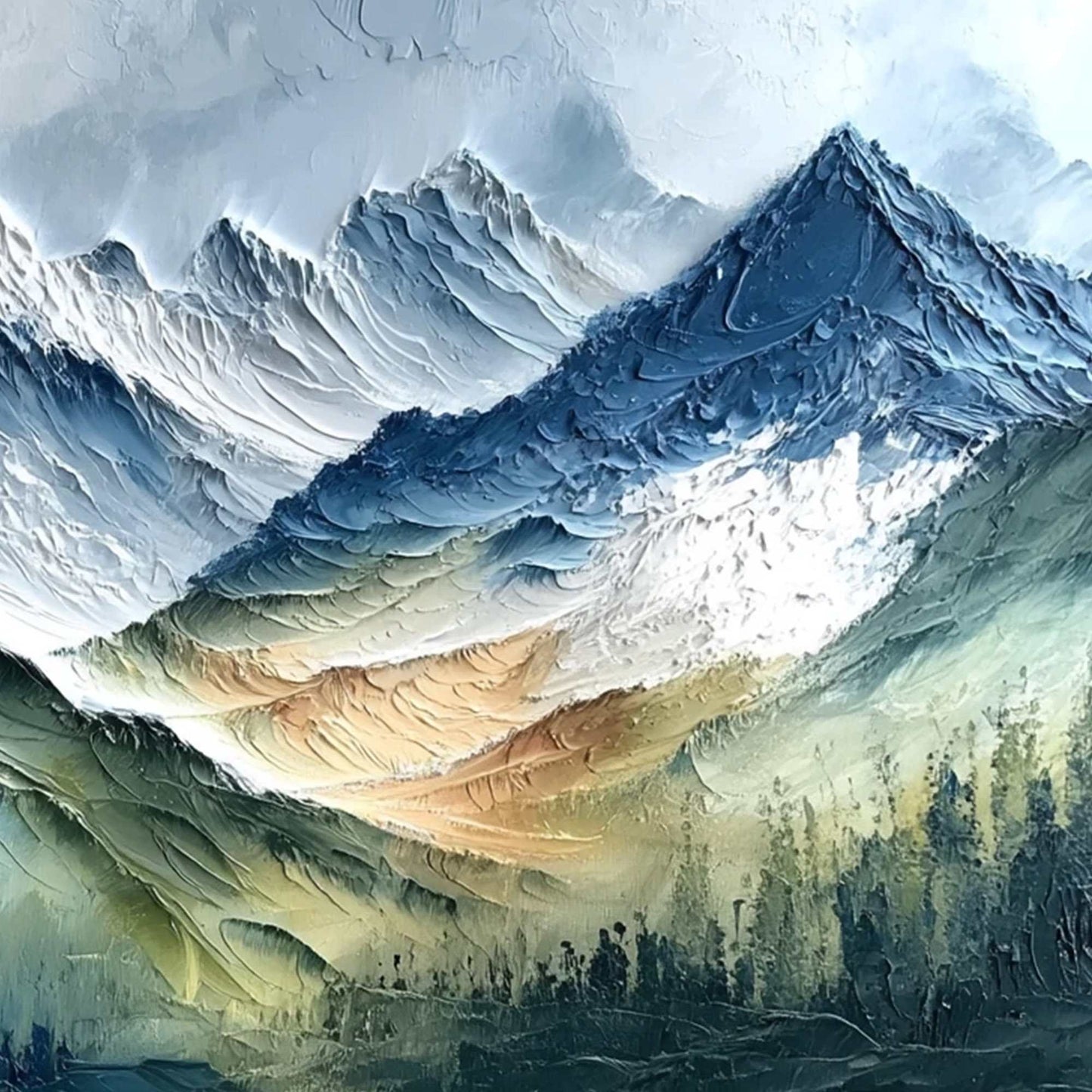 Alpine Majesty hand-painted white, soft grey and slate blue textured mountain landscape painting shown with white frame