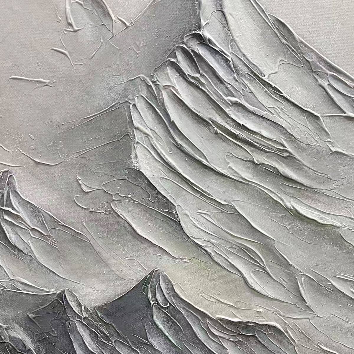 Alpine Majesty hand-painted cream, white and soft grey textured abstract mountain painting shown with silver frame
