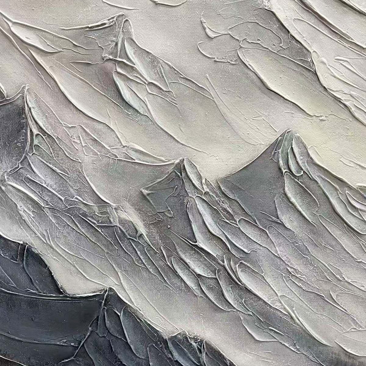 Alpine Majesty hand-painted cream, white and soft grey textured abstract mountain painting shown with wood frame