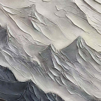 Alpine Majesty hand-painted cream, white and soft grey textured abstract mountain painting shown with wood frame
