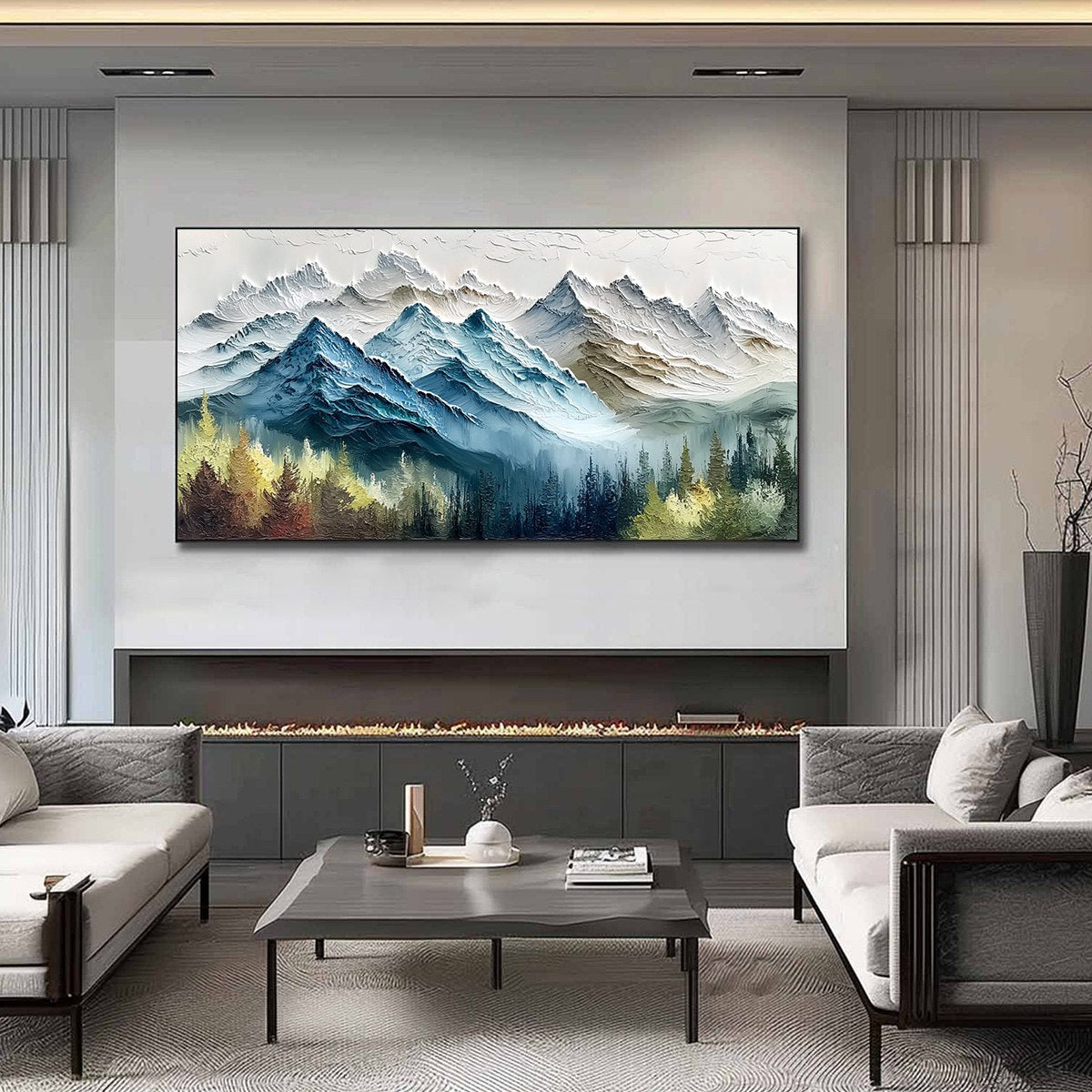 Alpine Majesty hand-painted green and gold textured mountain valley painting shown as stretched canvas