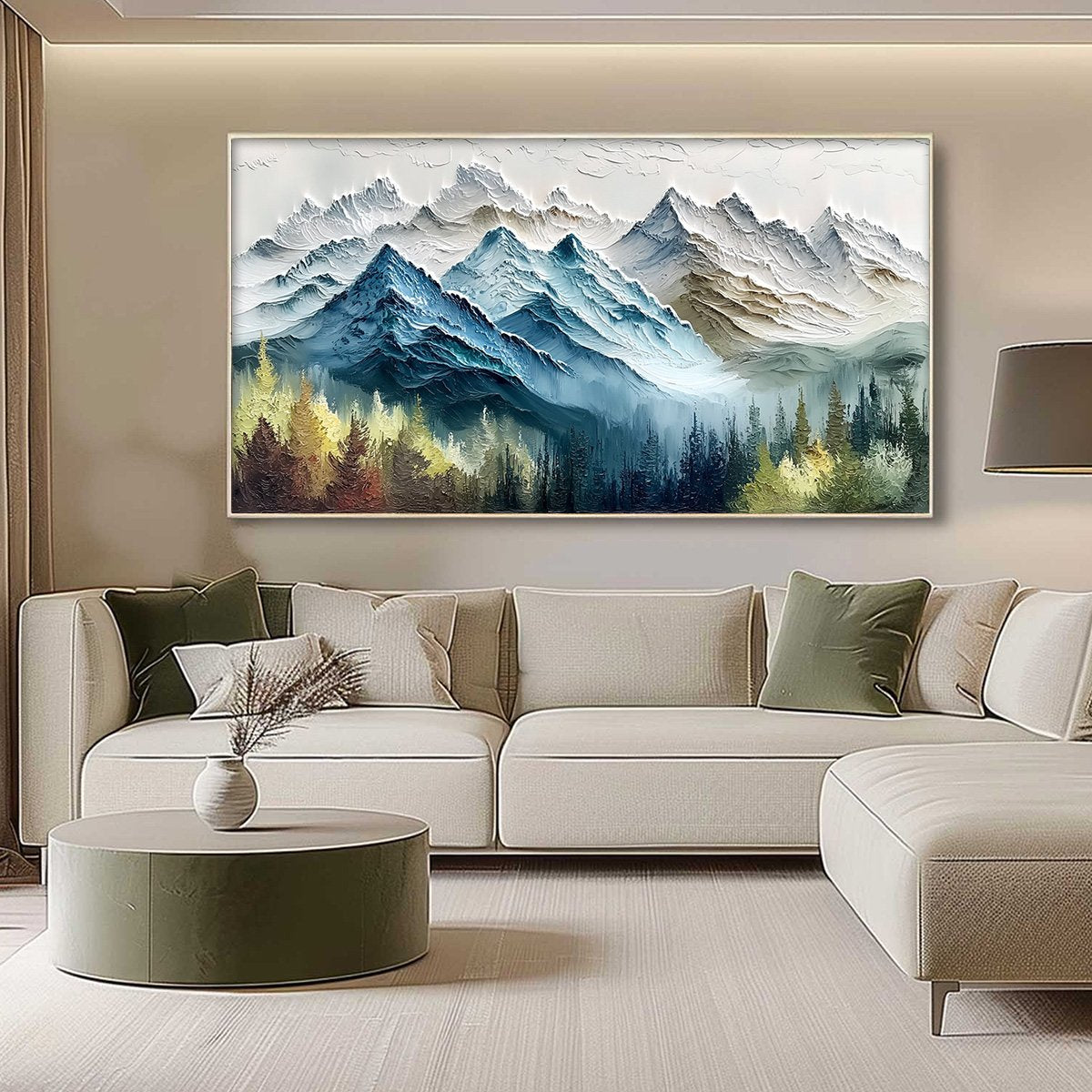 Alpine Majesty hand-painted green and gold textured mountain valley painting shown with silver frame