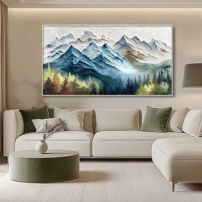 Alpine Majesty hand-painted green and gold textured mountain valley painting shown with silver frame