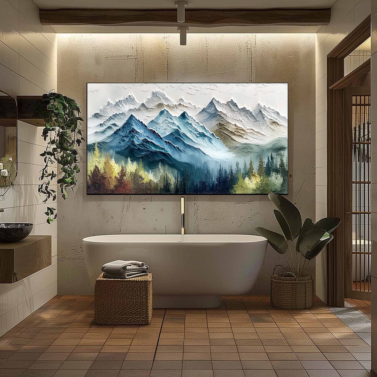 Alpine Majesty hand-painted green and gold textured mountain valley painting shown with black frame