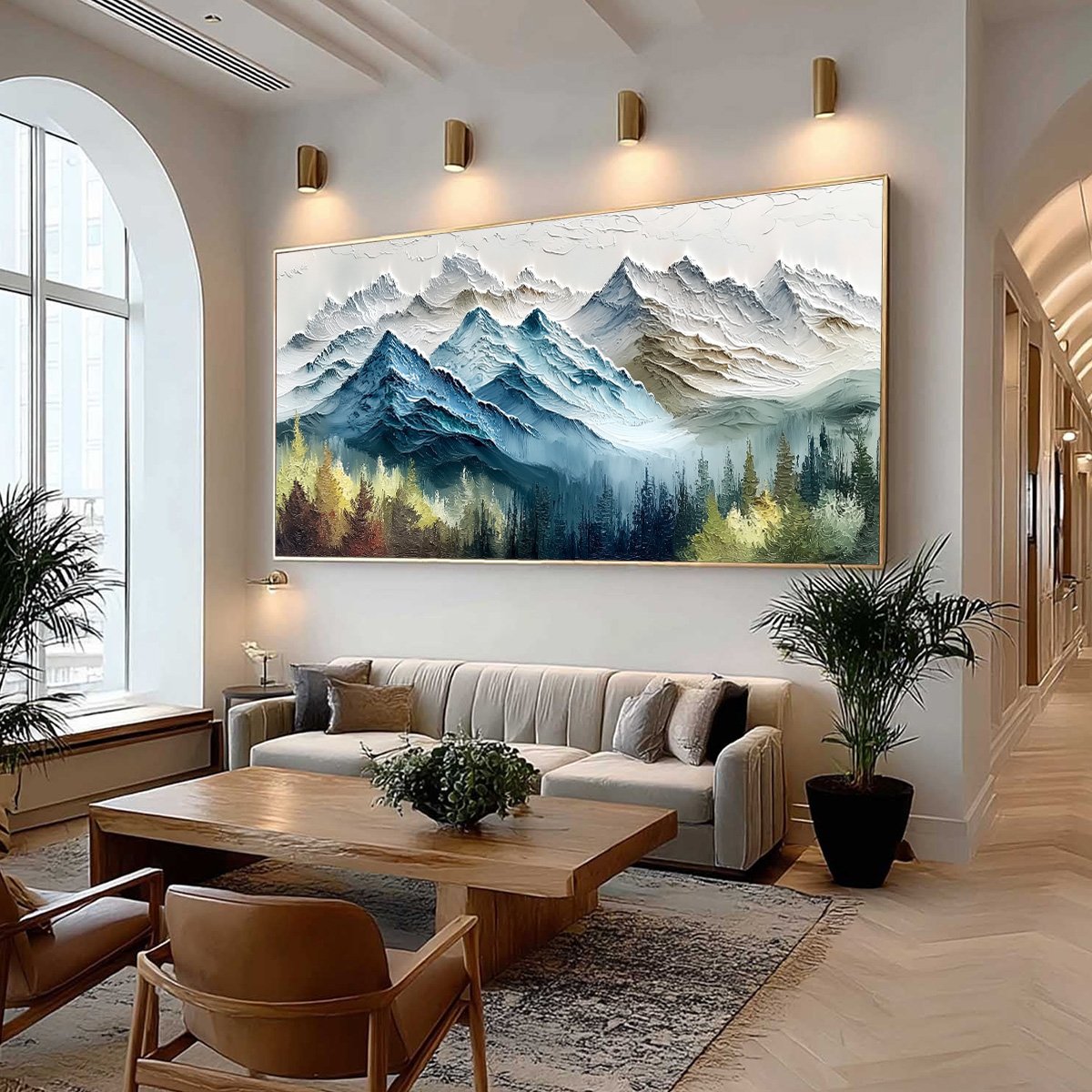 Alpine Majesty hand-painted green and gold textured mountain valley painting shown with wood frame