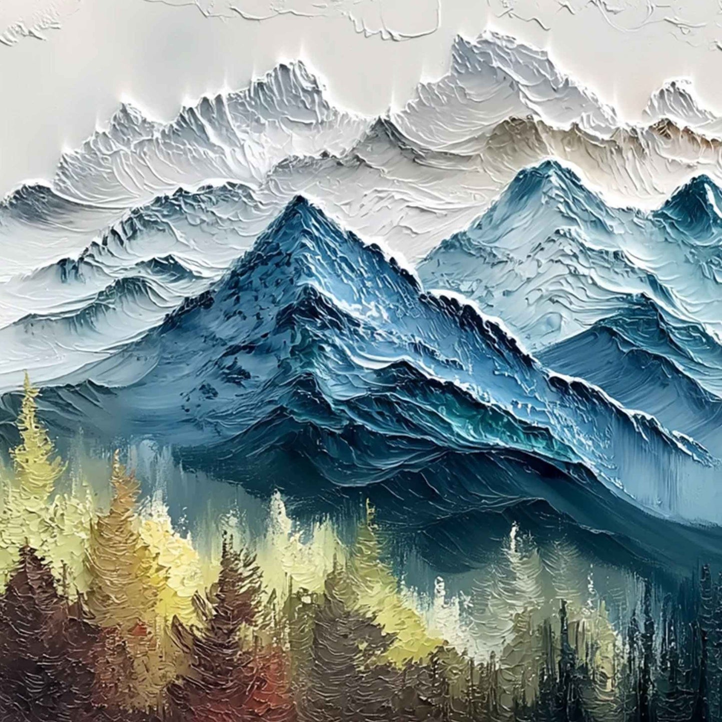 Alpine Majesty hand-painted green and gold textured mountain valley painting shown with gold frame