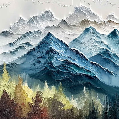 Alpine Majesty hand-painted green and gold textured mountain valley painting shown with gold frame