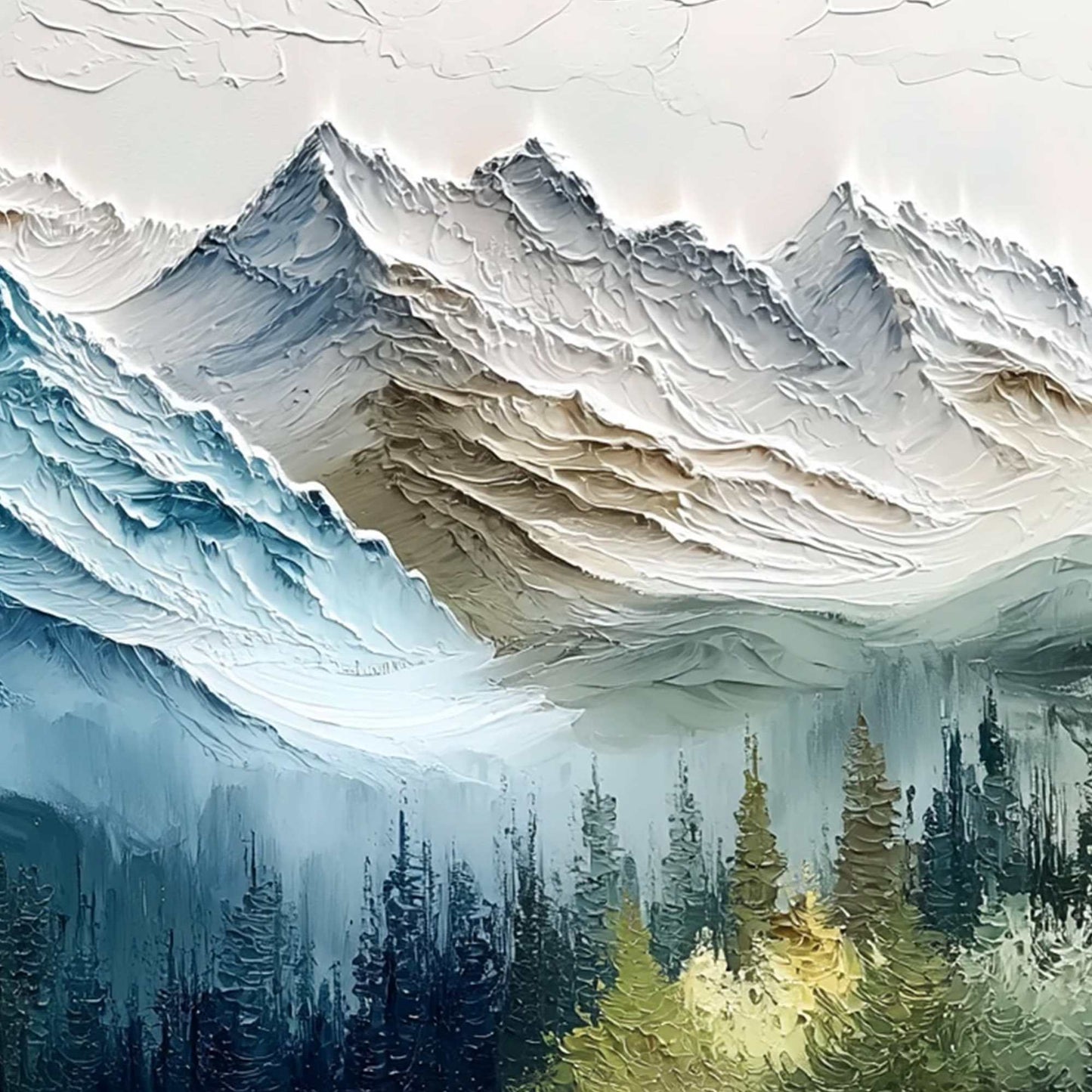 Alpine Majesty hand-painted green and gold textured mountain valley painting shown with white frame