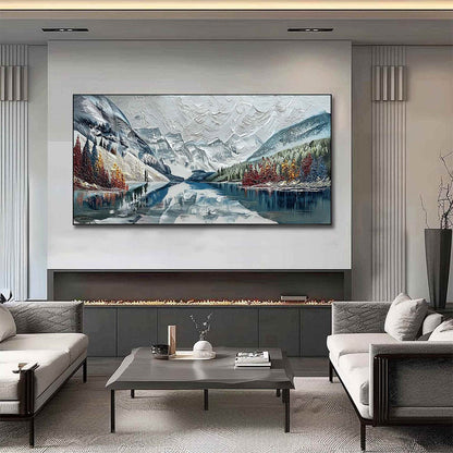 Alpine Reflection hand-painted ocean blue and ivory textured mountain lake painting shown with silver frame