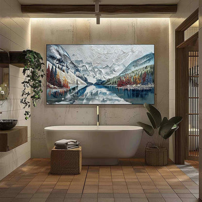 Alpine Reflection hand-painted ocean blue and ivory textured mountain lake painting shown with black frame