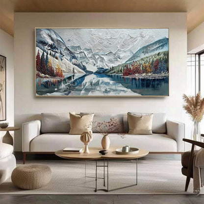 Alpine Reflection hand-painted ocean blue and ivory textured mountain lake painting shown as stretched canvas