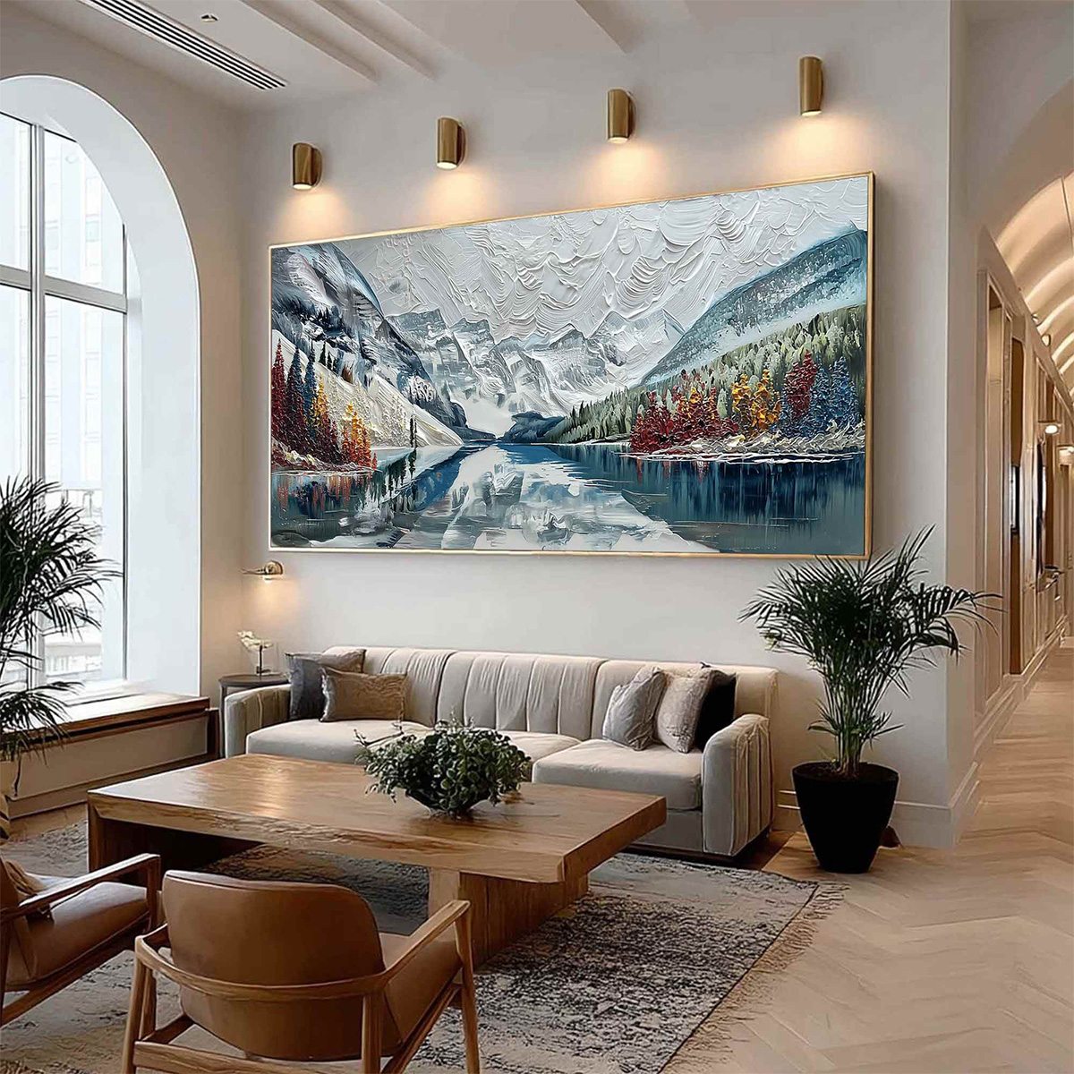 Alpine Reflection hand-painted ocean blue and ivory textured mountain lake painting shown with wood frame