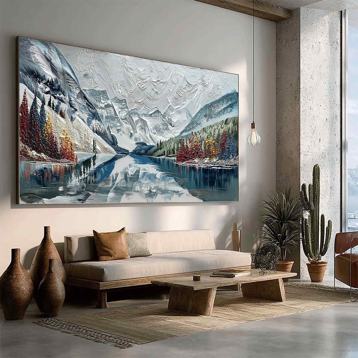 Alpine Reflection hand-painted ocean blue and ivory textured mountain lake painting rolled canvas option