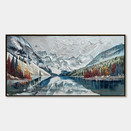 Alpine Reflection hand-painted ocean blue and ivory textured mountain lake painting rolled canvas option