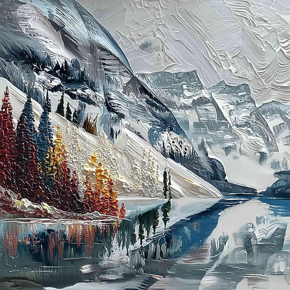 Alpine Reflection hand-painted ocean blue and ivory textured mountain lake painting shown with gold frame