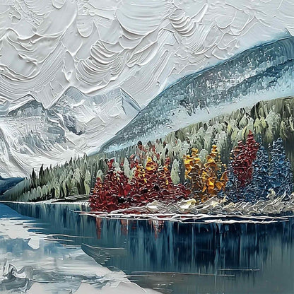 Alpine Reflection hand-painted ocean blue and ivory textured mountain lake painting shown with white frame