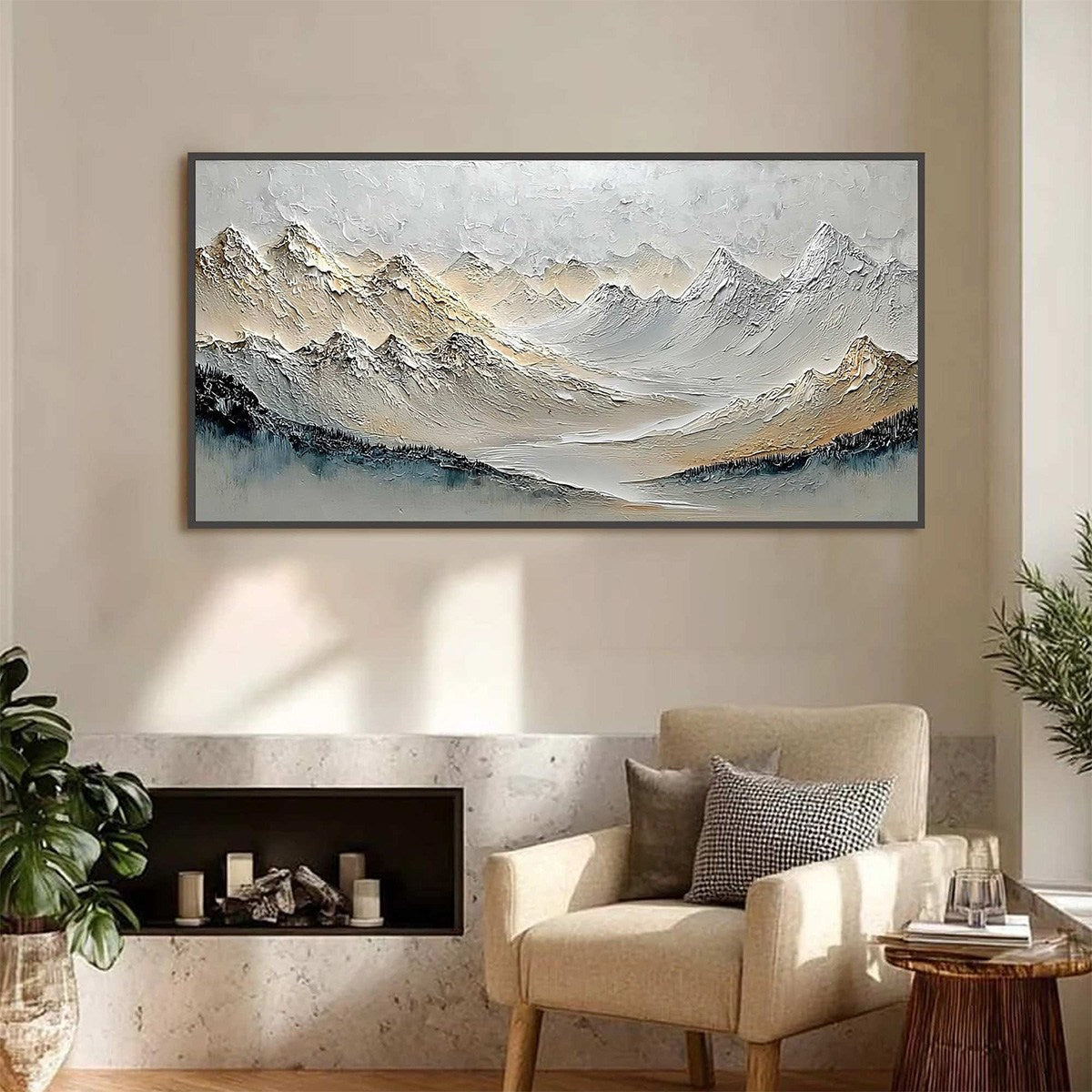 Alpine Serenity hand-painted slate blue, ivory and soft grey textured abstract mountain painting shown as stretched canvas