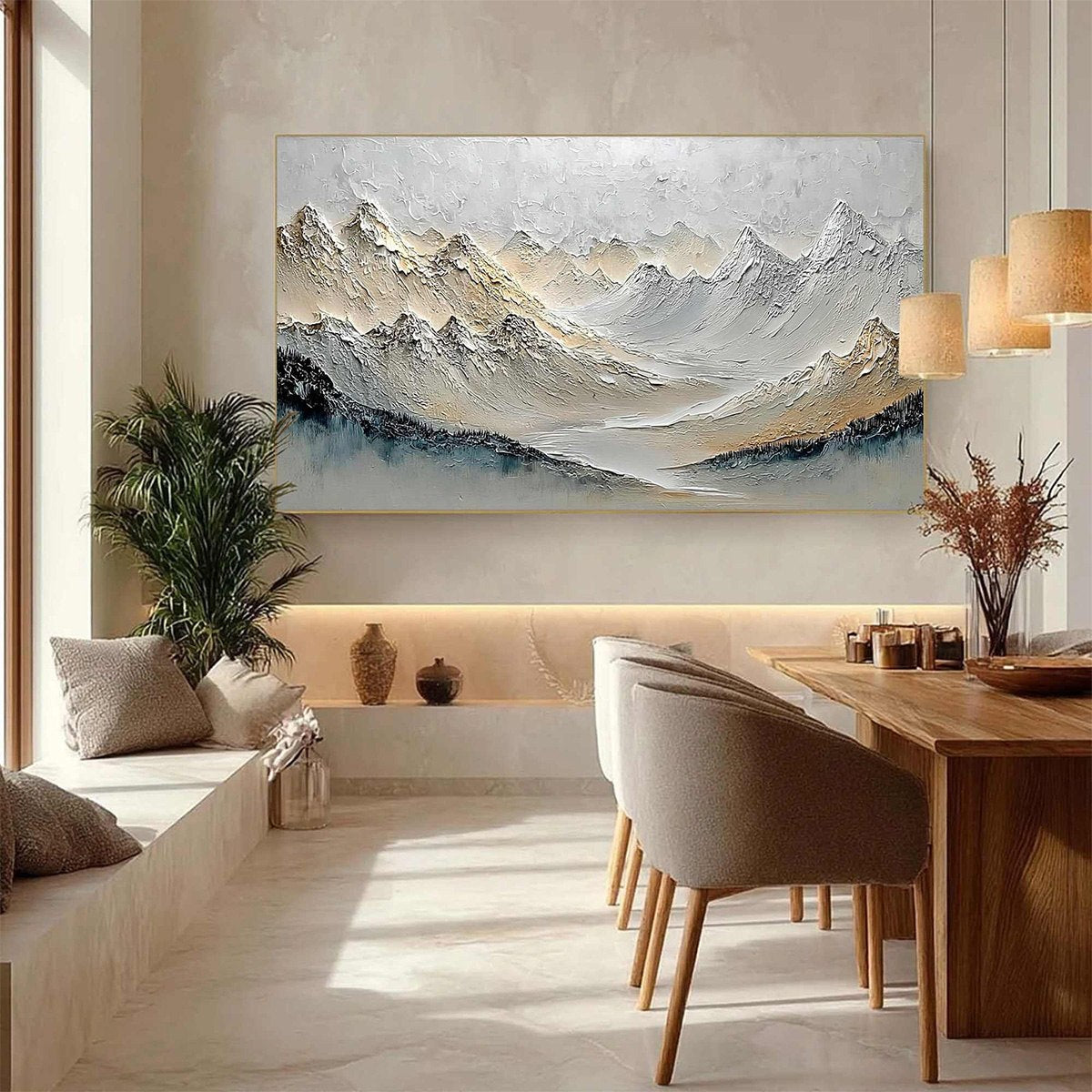 Alpine Serenity hand-painted slate blue, ivory and soft grey textured abstract mountain painting shown with white frame