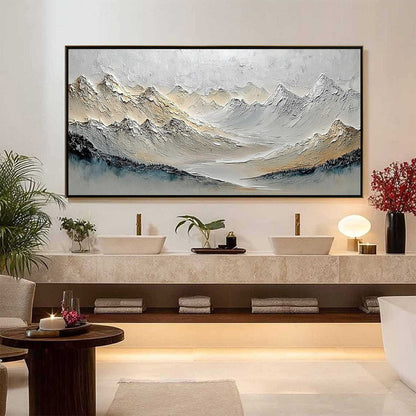 Alpine Serenity hand-painted slate blue, ivory and soft grey textured abstract mountain painting shown with black frame